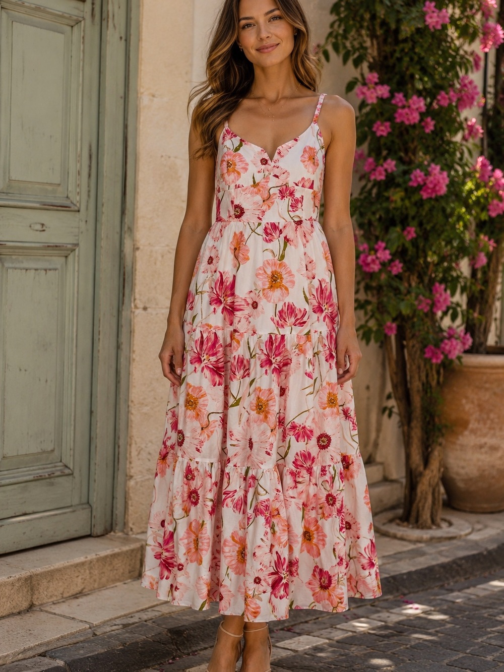 June & Hudson Pink Floral Tiered Midi Maxi Dress Size S